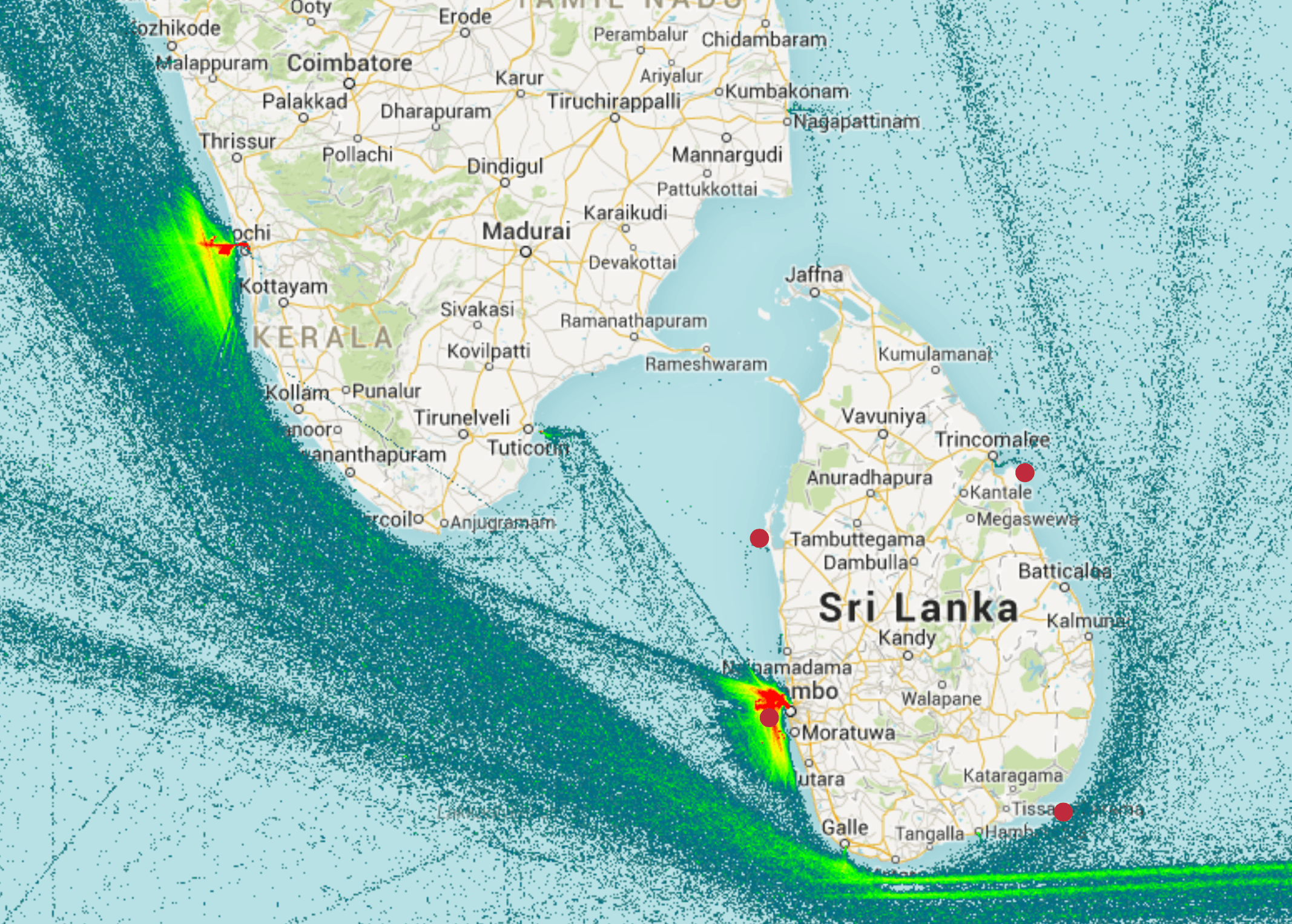 Drawing showing shipping traffic. Red dots: Identified Locations for Green fuels bunkering and export